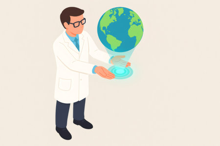 Scientist in lab coat interacting with a virtual Earth hologram. Concept of future technology, global research, and innovationの素材