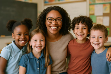 Happy teacher and multi ethnic students posing together in a classroom, celebrating education, learning, and friendshipの素材