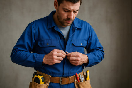 Worker preparing for job, fastening buttons on blue uniform, wearing a full tool belt with equipmentの素材