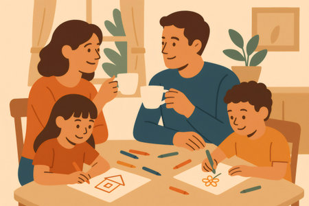 Happy family bonding while parent adults drink coffee and kids draw pictures with colorful crayons on a tableの素材