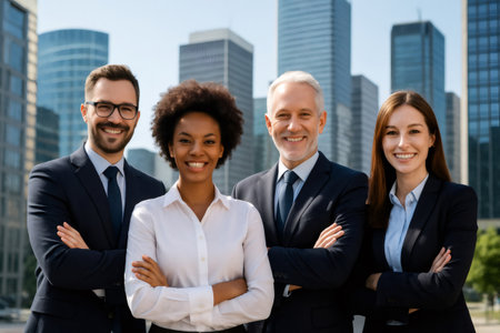 Diverse corporate team of smiling executives standing with crossed arms in front of modern city skyscrapers, representing collaboration and successの素材