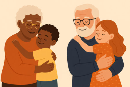 Grandparents hugging their grandchildren, showing intergenerational love, family bonding, and affection in diverse relationshipsの素材