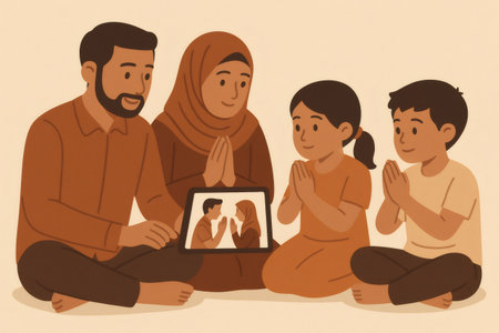 Muslim family sitting on the floor, children learning traditional cultural greeting gesture from parents using a digital tabletの素材