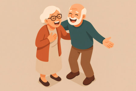 Happy couple senior standing together, the woman laughing heartily while the man smiles, sharing a moment of joy and connectionの素材