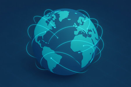 World globe showing worldwide data transfer and digital connection points across continents. Concept of global communication technologyの素材