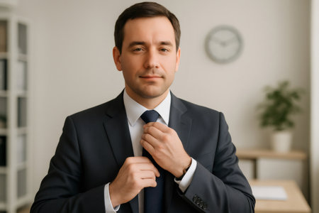 Young male manager standing in office, straightening necktie, presenting professionalism and successの素材