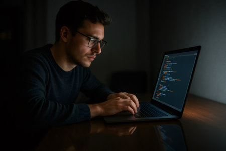Man with glasses concentrating, typing code on a laptop computer in a dark room. Screen light illuminates his faceの素材
