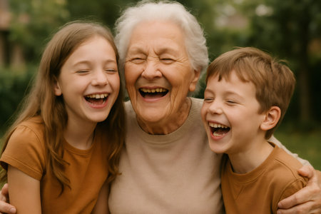 Grandmother embracing her grandchildren, all three laughing together, sharing a moment of pure happiness and family loveの素材