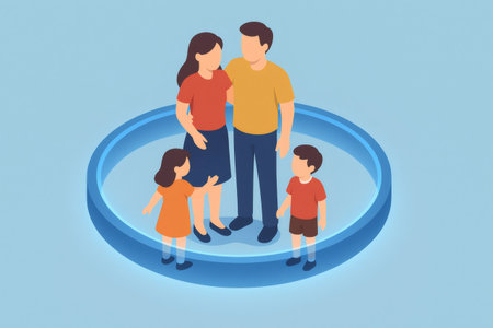 Family with parents and two children standing together inside a glowing blue circle, representing safety, security, and careの素材