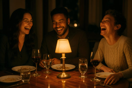 Diverse friends sharing a meal, laughing happily during an intimate dinner illuminated by a warm table lamp lightの素材