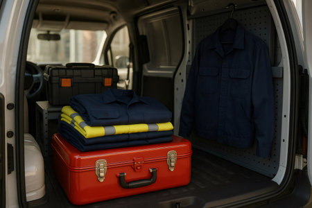 Service van interior with neatly folded work uniforms, toolboxes, and jacket, representing professionalism and productivityの素材