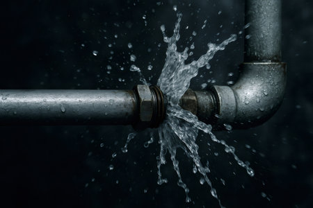 Pipe connection spraying water under pressure, symbolizing plumbing problems, damage, and urgent repair needsの素材