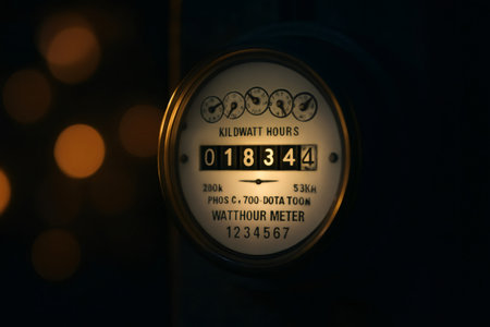 Electric meter accounting for energy consumption. Measuring home electricity and power usage with an analog watthour meterの素材