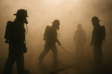 Firefighters in protective gear and helmets facing danger, operating in thick smoke during an emergency simulationの素材