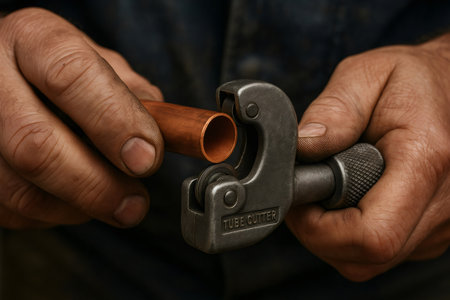 Plumber's hands working on pipe installation, cutting a copper tube with a metal pipe cutter tool. Craftsmanship conceptの素材