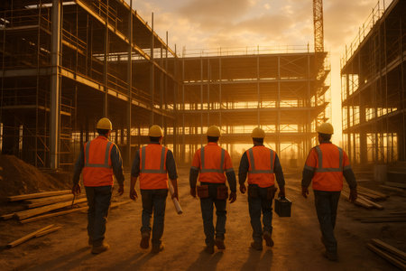 Industrial team of five workers wearing hard hats and safety vests walking away at a construction site during golden hourの素材