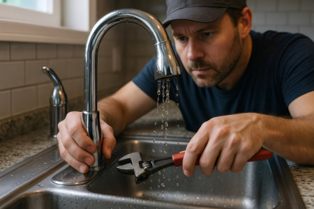 Plumber or handyman inspecting and fixing a leaking kitchen faucet in a domestic kitchen, holding a wrenchの素材