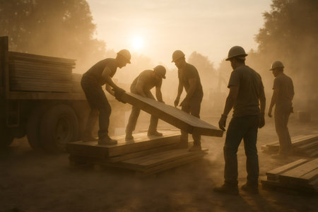 Construction team collaborating, physically moving wooden planks from a truck onto a stack during a dusty morning worksiteの素材