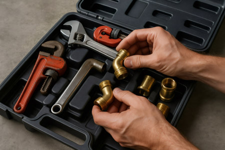 Hands organizing various brass elbow and nipple fittings in a black plastic tool case with wrenches and a pipe cutterの素材