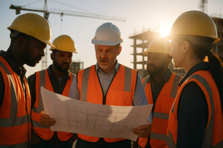 Engineers and workers planning project, reviewing technical documents at commercial building construction site during briefingの素材