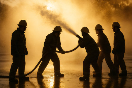 Firefighters in silhouette holding a water hose, spraying water during an exercise. Concept of teamwork and emergency servicesの素材