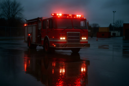 Red fire engine with emergency lights reflecting on a wet pavement at dusk, conveying emergency services and safetyの素材