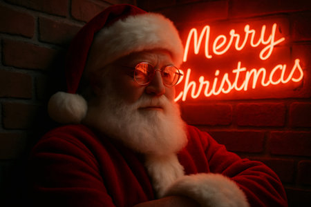 Santa Claus with glasses and white beard, leaning against a brick wall, reflecting a red Merry Christmas neon lightの素材
