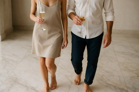 Couple walking elegantly barefoot while holding champagne flutes, symbolizing celebration, relaxation, and a special moment togetherの素材