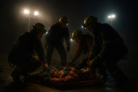 Rescue team members carefully transporting an injured person on a stretcher, working together during a challenging night operationの素材