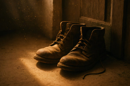 Old work boots resting on a dusty floor, sunlight highlighting airborne particles and the passage of timeの素材