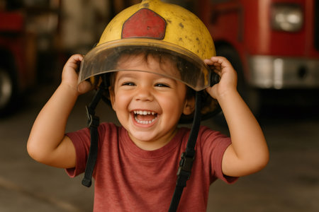 Happy boy laughing out loud, wearing an oversized firefighter helmet and dreaming about his future careerの素材