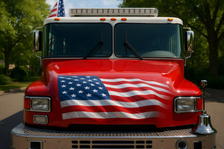 Fire truck proudly displaying the American flag, symbolizing patriotism, emergency services, and community support in USAの素材