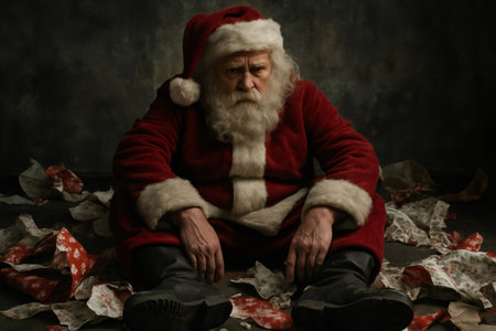 Santa Claus sitting on the floor, looking tired and overwhelmed by holiday stress, surrounded by discarded wrapping paperの素材