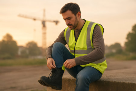 Worker putting on safety boots on a construction site at sunrise, ensuring readiness for a secure workdayの素材