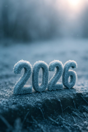 Frost covered 2026 numbers standing on icy ground outdoors, representing the new year, future, and cold winter seasonの素材