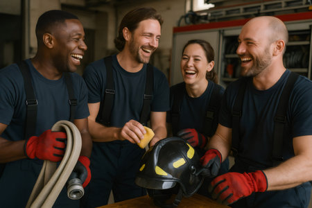 Fire crew members laughing and smiling together in a fire station, showing teamwork and camaraderie during a breakの素材