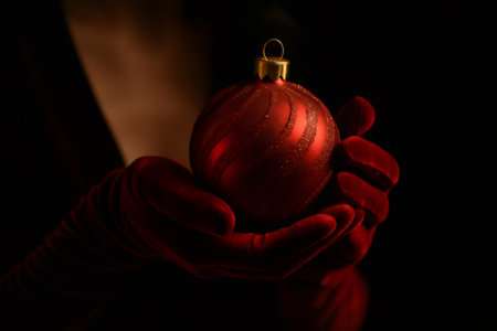 Woman's hands in luxurious red velvet gloves gently holding a sparkling red Christmas bauble on a dark backgroundの素材