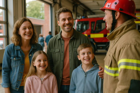 Happy family standing inside a fire station, smiling while talking with a firefighter wearing a helmet and uniformの素材