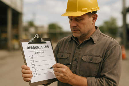 Industrial worker wearing a hard hat, preparing for work by completing a readiness log checklist outdoorsの素材