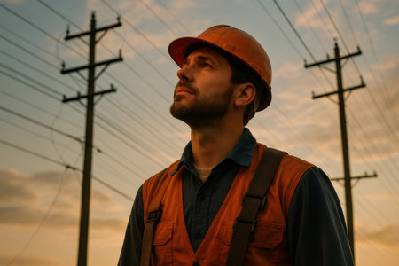 Young male electrician wearing a hard hat and safety vest, looking up at utility poles and power lines outdoorsの素材