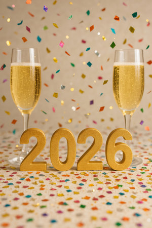 Two champagne flutes with golden numbers 2026 and colorful confetti on a festive background celebrating new yearの素材