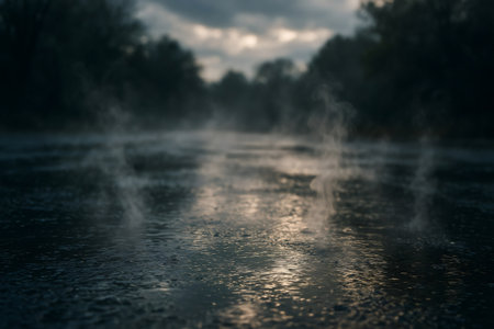 Water surface steaming after rain, creating a mysterious and atmospheric scene with reflections and soft lightの素材