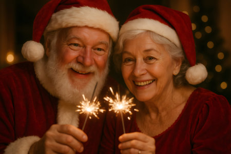 Happy senior couple wearing Santa hats and red clothes, smiling while holding burning sparklers, celebrating holiday spiritの素材