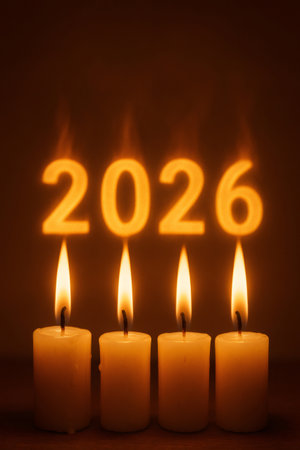 Lit candles casting a soft light, forming the glowing numbers of the year 2026 above creating a new year themeの素材