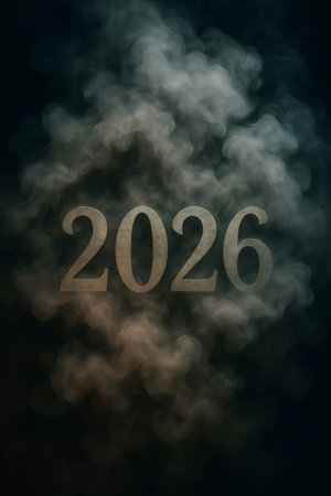 2026 numbers emerging from dark, dramatic smoke and mist, symbolizing future, countdown, planning, and new year anticipationの素材