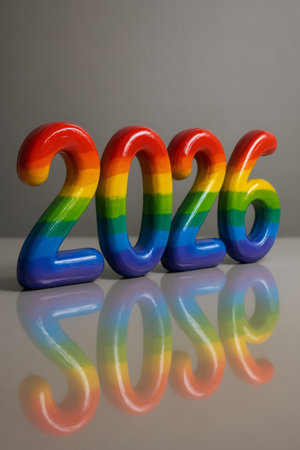 2026 numbers in vibrant rainbow colors standing on a reflective surface, symbolizing celebration, diversity, and hope for the new yearの素材