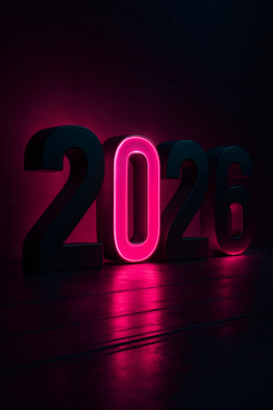 Number 2026 glowing in pink neon light on a dark background, reflecting on a surface, representing new year and futureの素材