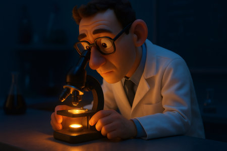 Cartoon scientist studying samples under a brightly lit microscope, focusing on scientific research and discoveryの素材