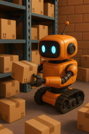 Orange robot on tracks holding a package, automating tasks in an industrial warehouse filled with cardboard boxesの素材