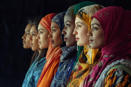 Group of diverse women in profile, wearing colorful headscarves, representing unity, cultural diversity, and femininityの素材